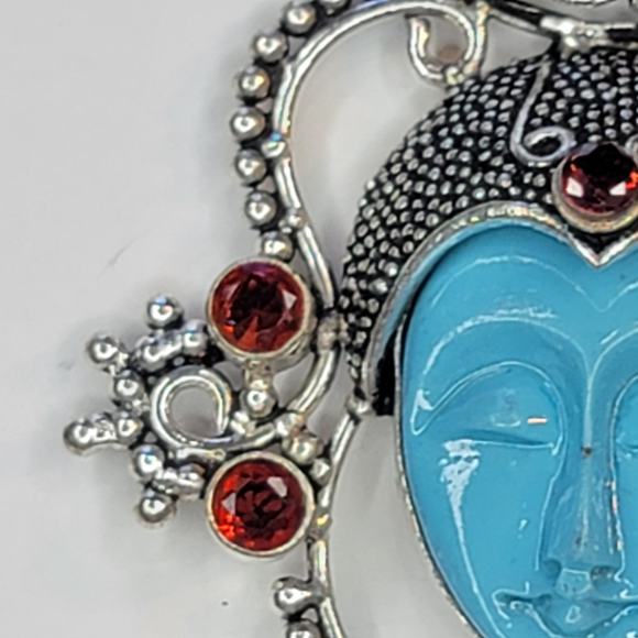 Sterling Silver Pendant with Blue Carved Face and Garnet Accents - Picture 3 of 12